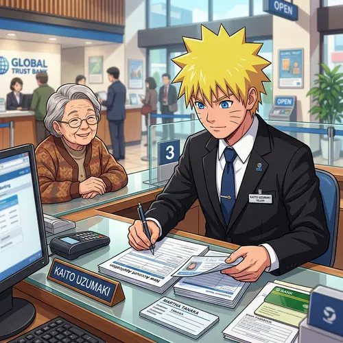 Animated Character in Bank Suit Helping Customer