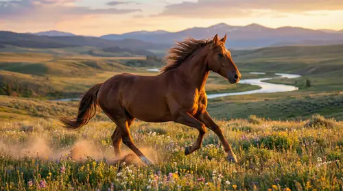 Majestic Horse Galloping in Scenic Meadow