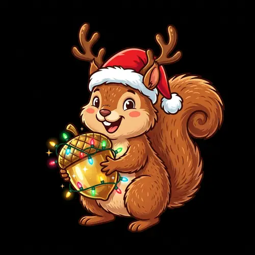 Holiday Squirrel Cartoon with Santa Hat & Reindeer Antlers