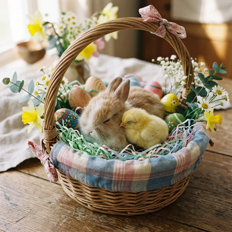 Realistic Bunny and Chick Cuddling in Easter Basket