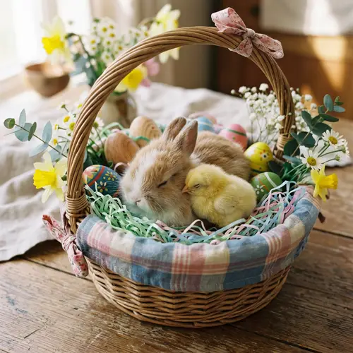 Easter Bunny and Chick Cuddling in Basket