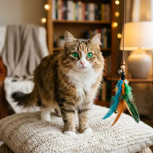 Fluffy Domestic Cat with Glossy Brown and White Fur