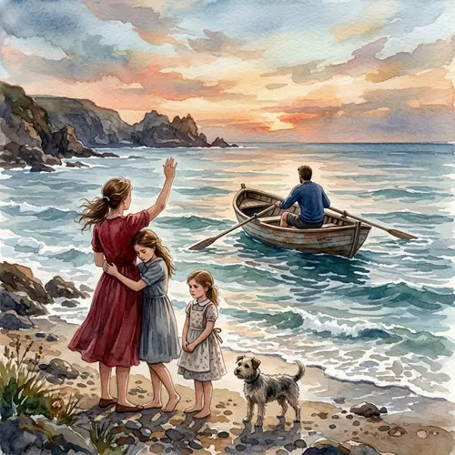 Melancholic Watercolor Painting of Sea Farewell Scene