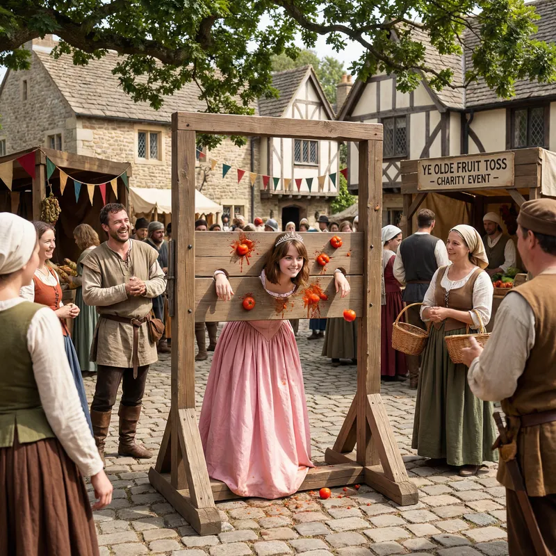 Young Woman in Pink Princess Outfit at Village Square Pillory Scene