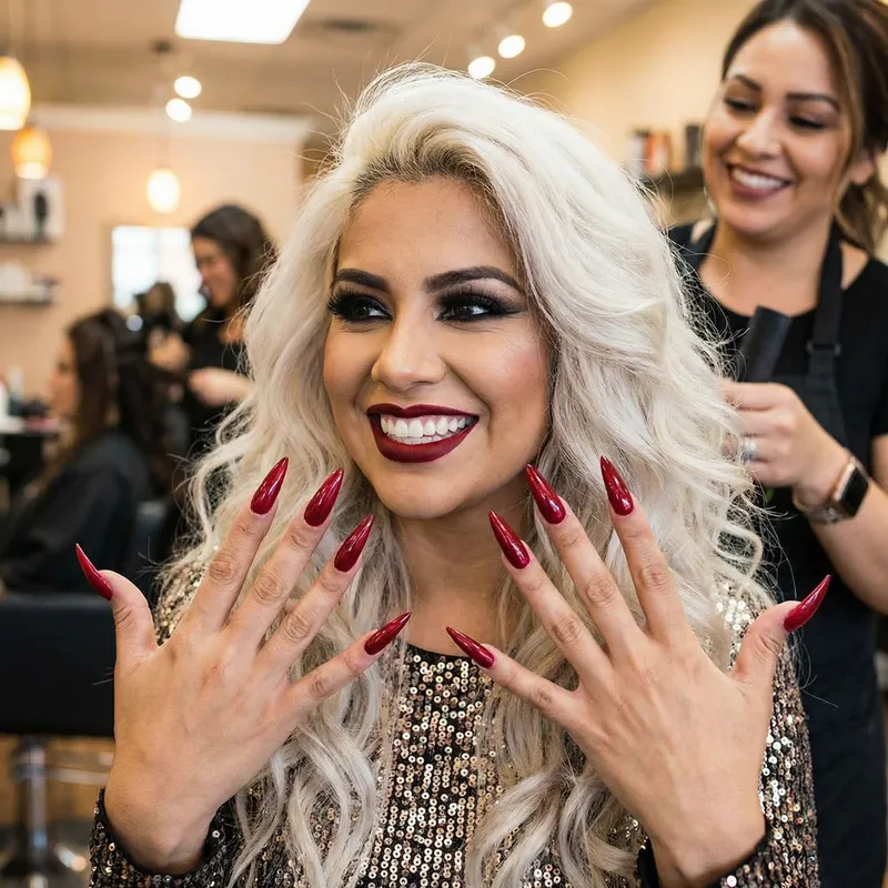 Stunning Long Red Nails and Glam Makeup Look