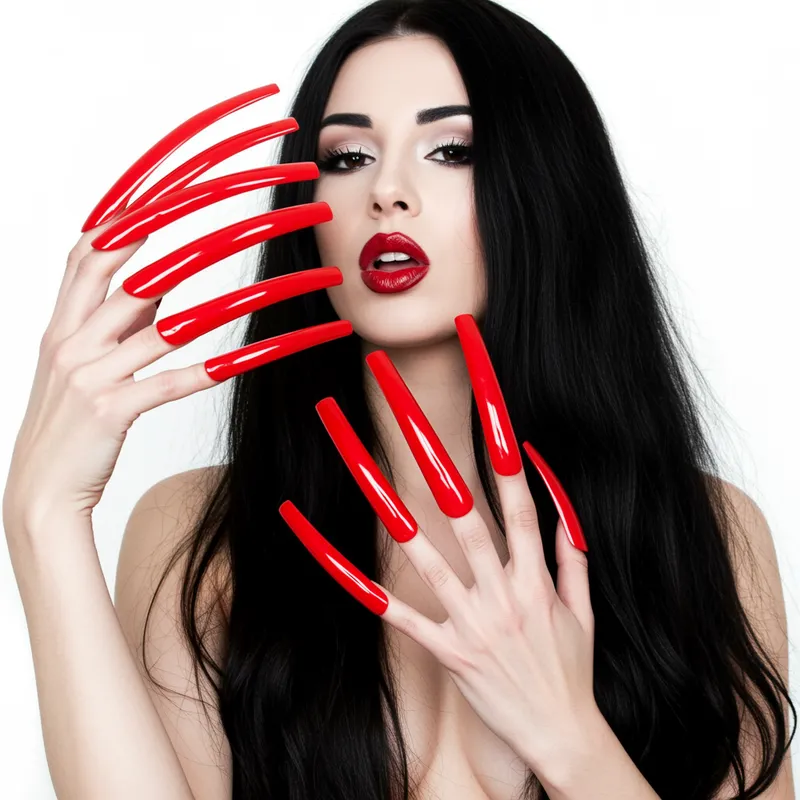 Stunning Red 12-Inch Fingernails & Long Hair Look