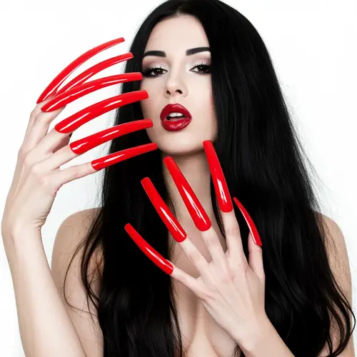 Stunning Red 12-Inch Fingernails & Long Hair Look