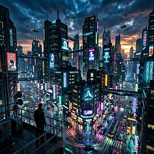 Futuristic Cyberpunk Cityscape - Towers, Lights, and Twilight
