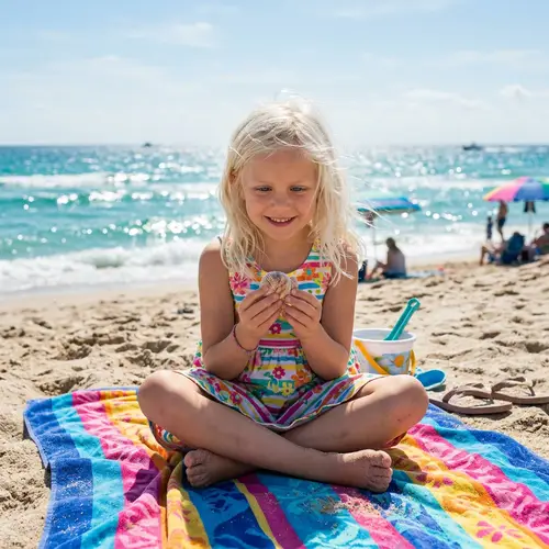 Caucasian Girl with White-Blonde Hair and Blue Eyes at Beach