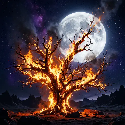 Giant Burning Tree & Moon: Spectacular Night Sky Display