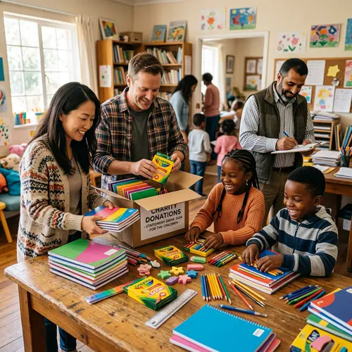 Heartwarming Charity Scene: Brightening Lives with Stationery Supplies