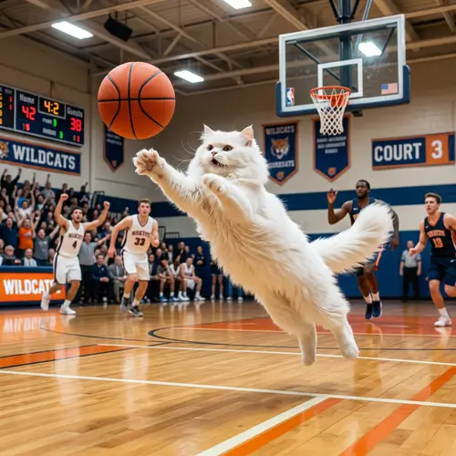 Athletic White Cat Plays Basketball: Funny and Unusual Scene