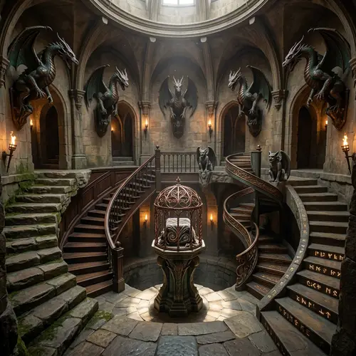 Architecturally Designed Circular Room with Staircases and Dragon Statues