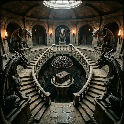 Circular Room with Descending Staircases | Unique Cage and Dragon Statues
