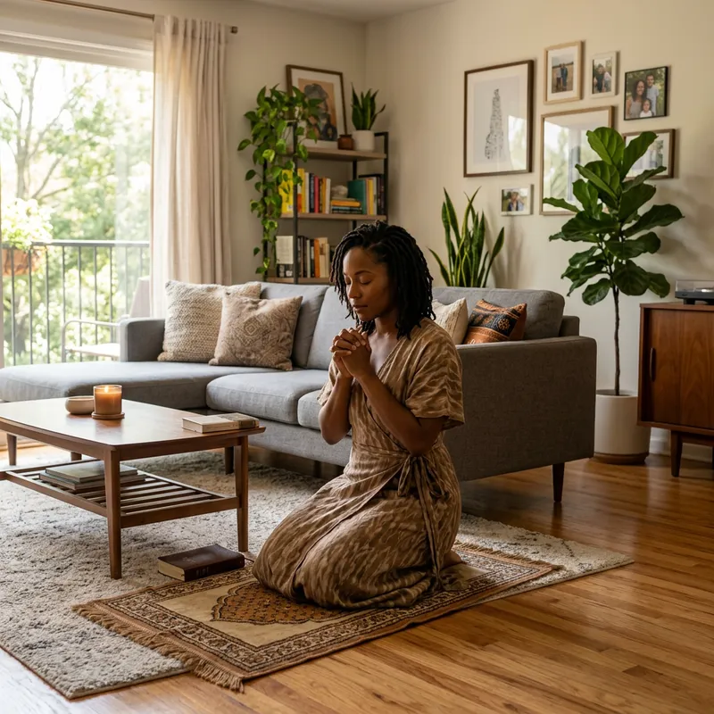 Beautiful African American Woman Praying at Home