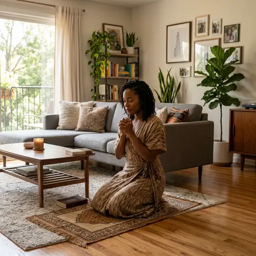 Beautiful African American Woman Praying at Home