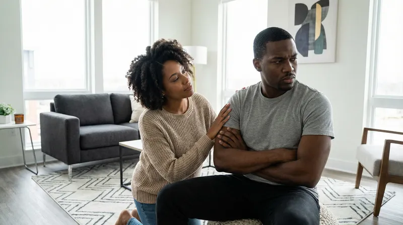 Calming Anger: Supportive Wife's Embrace