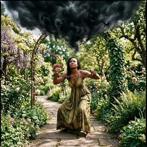 African American Woman Breaks Free in Enchanted Garden