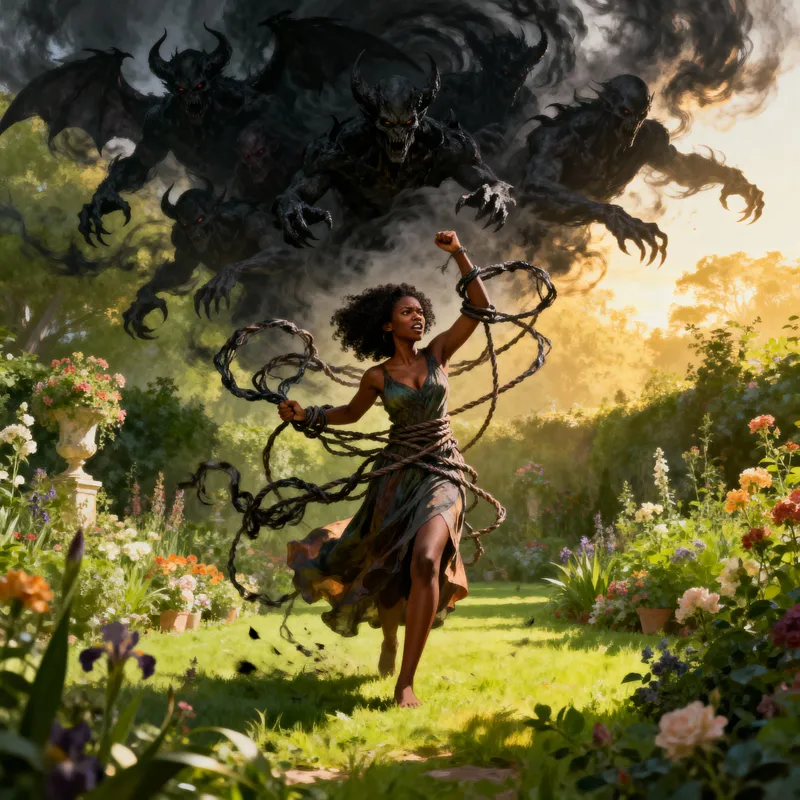 African American Woman Breaks Free in Enchanted Garden