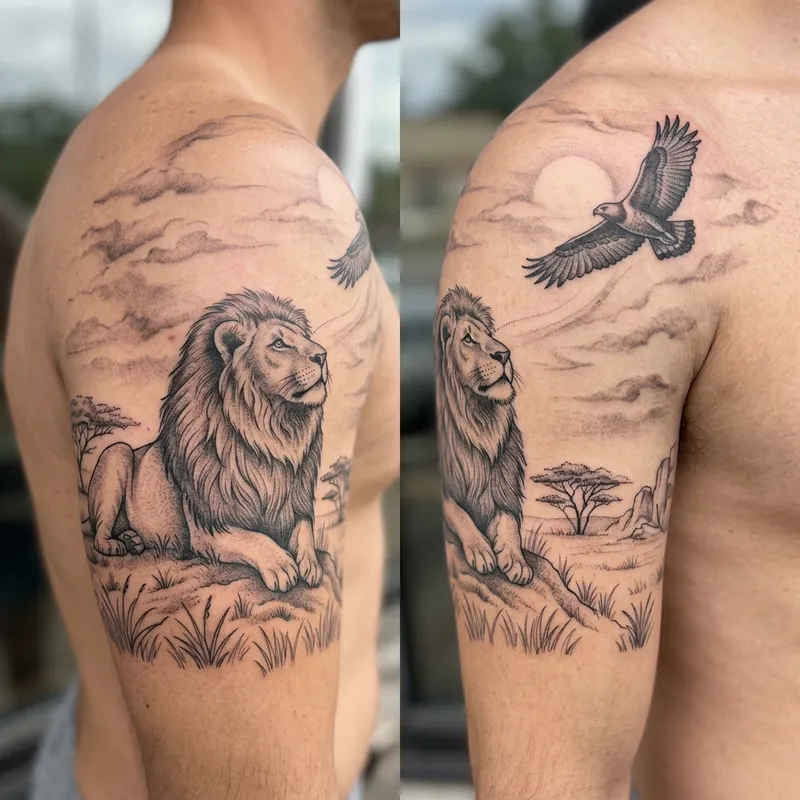 Bird Tattoo Leads Lion in Sky