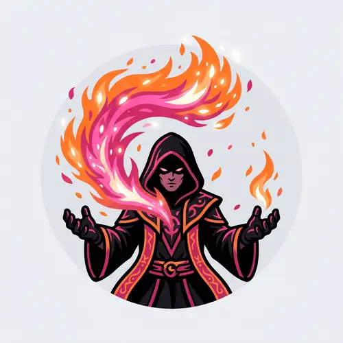 Vibrant Fire Wizard Icon in Orange, White, Grey, Black & Pink