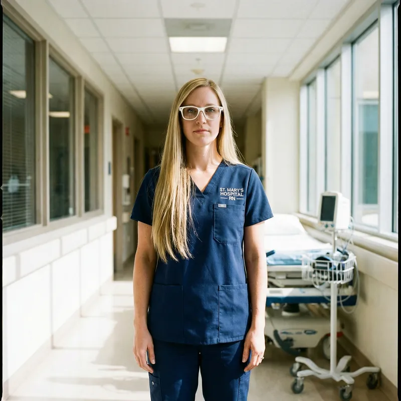 Blue Uniformed Nurse with Blonde Hair