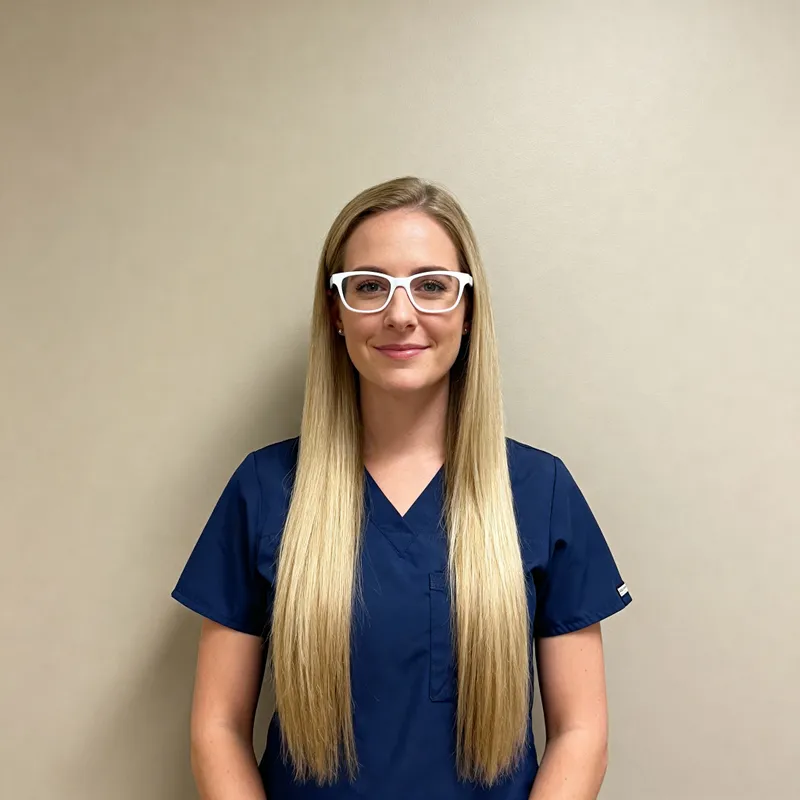 Blue Uniformed Nurse with Blonde Hair