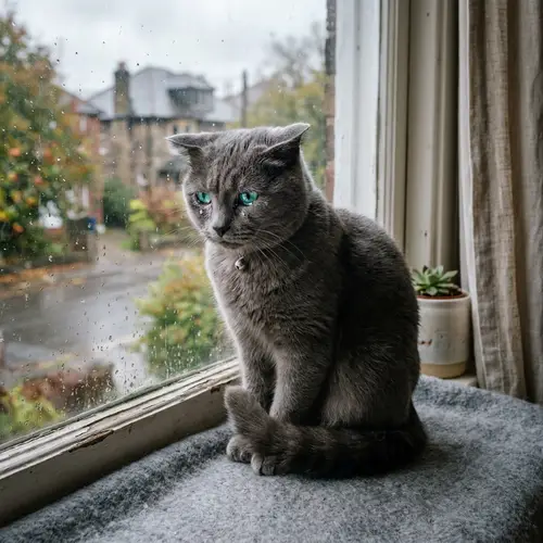 Grey Cat with Shimmering Cyan Eyes Sitting on Window Sill