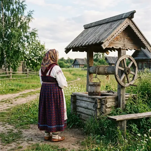 Elderly Caucasian Woman in Russian Folk Attire by Old Well
