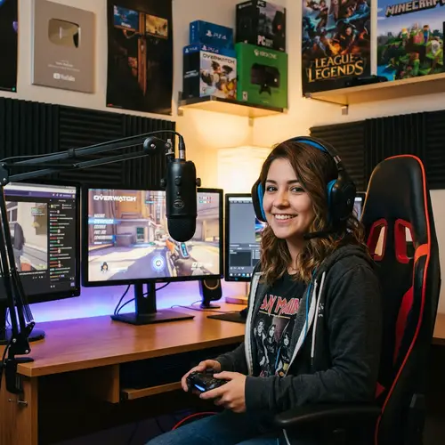 Hispanic YouTuber Girl with Brunette Hair and Gaming Headphones