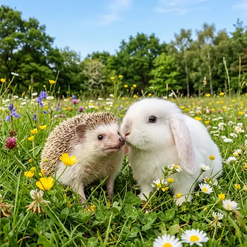 Joyful Hedgehog and Bunny Play in a Lush Meadow
