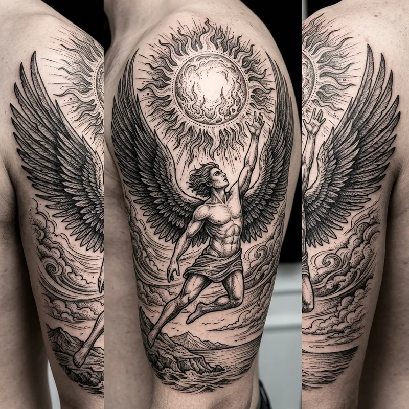Reaching the Sun: Icarus Tattoo Design with Detailed Wings