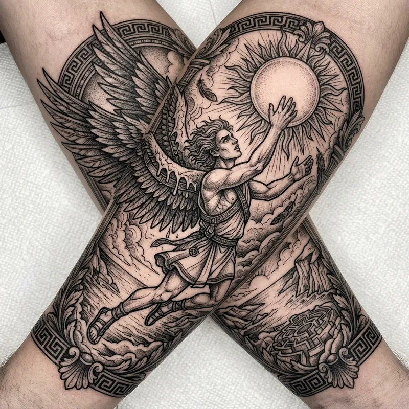 Icarus Tattoo Design | Flight Artwork with Sun Reaching