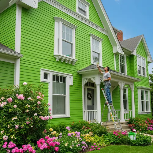 Painter Transforming a House with Green Hue
