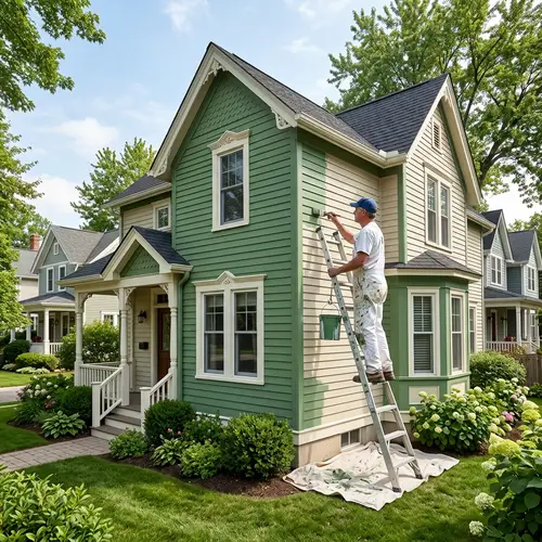 Painter Transforming a House with Green Hue