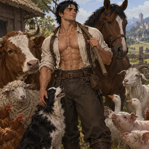 Muscular DnD Farmer Surrounded by Animals
