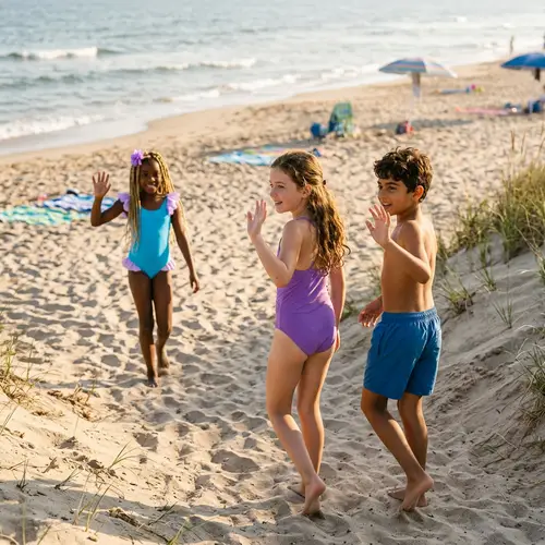 Beach Scene with Kids Waving - Fun Summer Moments