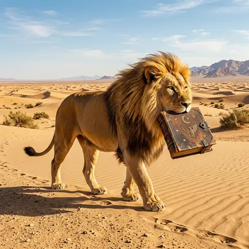 Majestic Lion Journeying Through Expansive Desert with Book