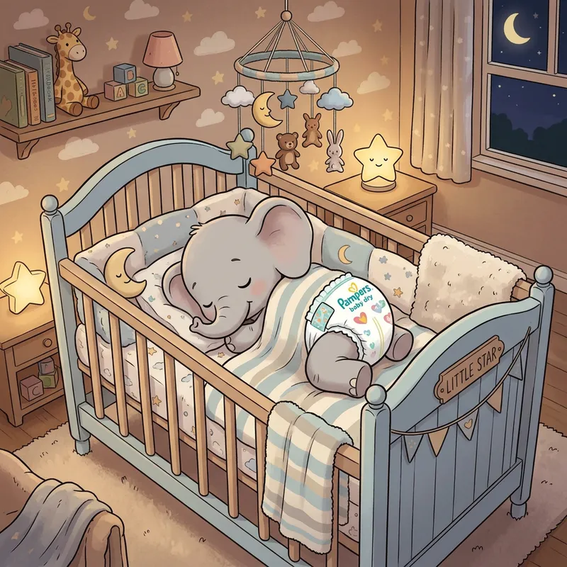 Baby Elephant Sleeps in Pampers Baby Dry Diapers