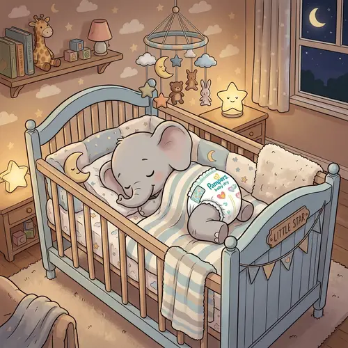 Newborn Elephant Sleeping in Pampers Baby Dry Diapers