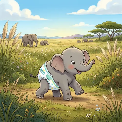Newborn Elephant in Pampers Baby Dry Diapers | Cute Cartoon Image