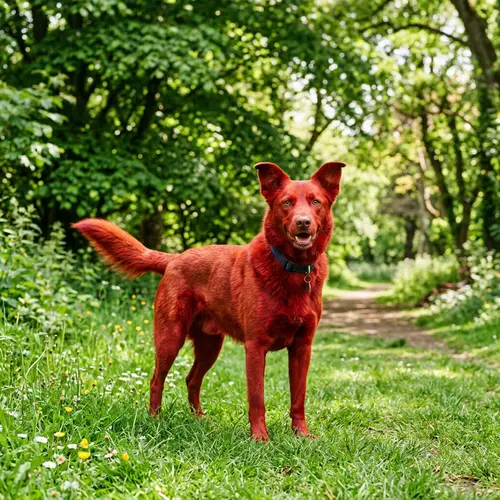 Vibrant Red Dog in a Lush Green Park | Outdoor Scene