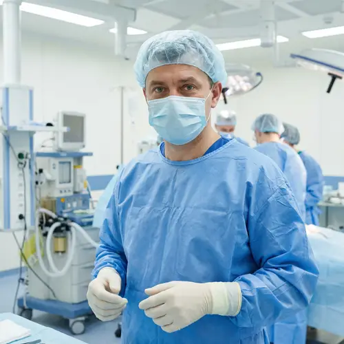 Russian Man in Surgical Clothing with Medical Mask