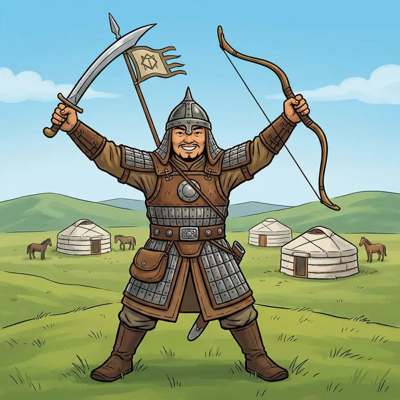 Mongolian Warrior on Steppe: Cartoon Art