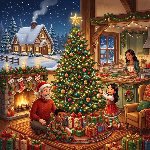Festive Christmas Scene with Decorated Tree and Diverse Characters