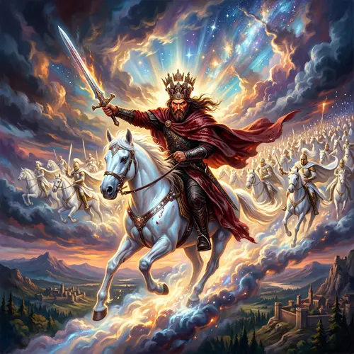 Epic Rider on White Horse: Heavenly Arrival in the Clouds