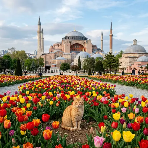 Hagia Sophia Mosque & Red Cat in Vibrant Tulip Field