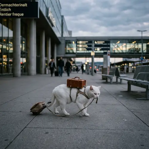Lonely White Cat Carrying Luggage in Unknown Land