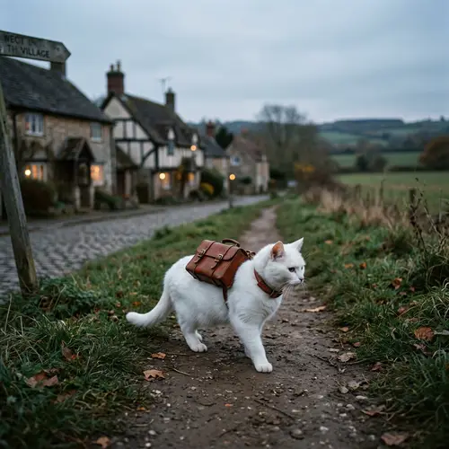 White Cat Carrying Suitcase | Sense of Sadness and Alienation