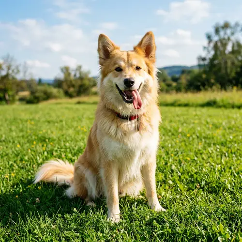Happy Dog Sitting on Fresh Green Grass | Friendly Golden and White Dog